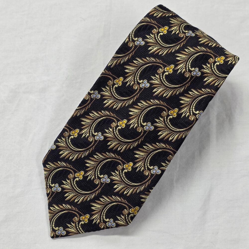 Robert Talbott Silk Necktie Tie Black Floral Scroll Fronds Leaves USA Classic